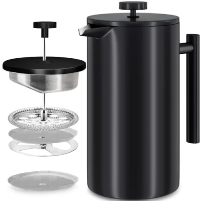 Imagen de KICHLY Cafetera de prensa francesa acero inoxidable espresso y tetera con triple filtro Vidrio resistente al calor émbolo 34 oz (1,0 litros) Negro