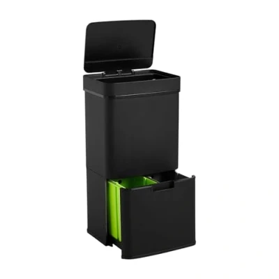 Imagen de WELL HOME Papelera de reciclaje 62L (37L+25L), cubo basura con 2 compartimentos, apertura automática sensor, en acero inoxidable, negro