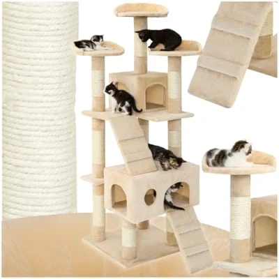 Imagen de tectake® arbol rascador para Gatos, sisal Resistente, casa 3 nidos, Sistema antivuelco, Poste Cama de Gato, Juguetes Gatos 170 cm Alto Beige