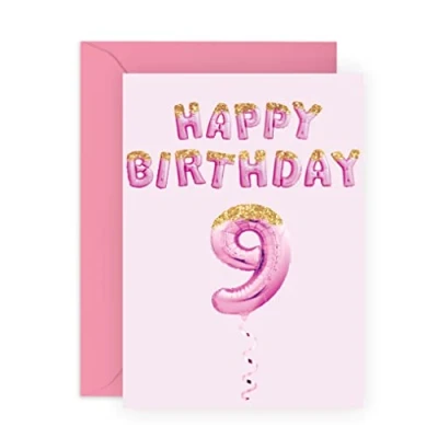 Imagen de tarjeta de 9 cumpleaños para niñas, tarjetas años, globos fiesta rosados, noveno hija, nieta, sobrina, viene con divertidas pegatinas por Central 23