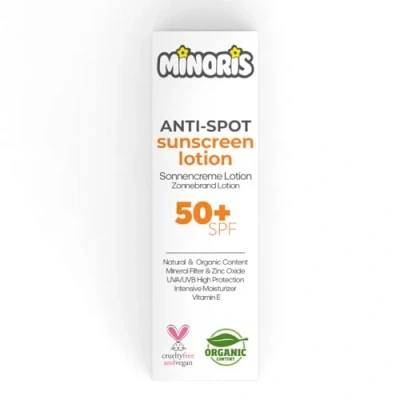 Imagen de Minoris Anti Spot Sunscreen Lotion SPF 50+, Organic, Natural &amp; Mineral Content, For Sensitive Skin, Hipoalergénico, Vegano, Resistente al Agua, Espectro Amplio, Primer Suitable, Dermatologist Tested