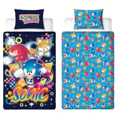 Imagen de Juego de funda edredón con licencia oficial Sonic the Hedgehog Gaming Ropa cama reversible 2 caras colas y nudillos, incluye almohada a juego, perfecto para