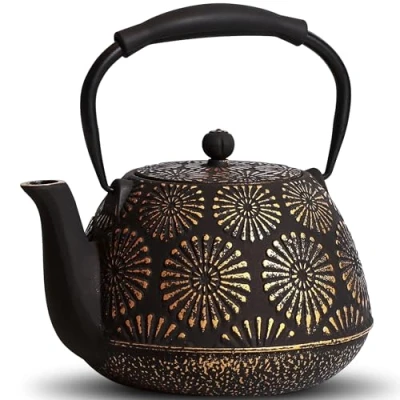 Imagen de MILVBUSISS tetera de hierro fundido, gran capacidad 1200 ml con infusor para estufa, diseño Sakura, japonesa hojas sueltas revestidas interior esmaltado, mango