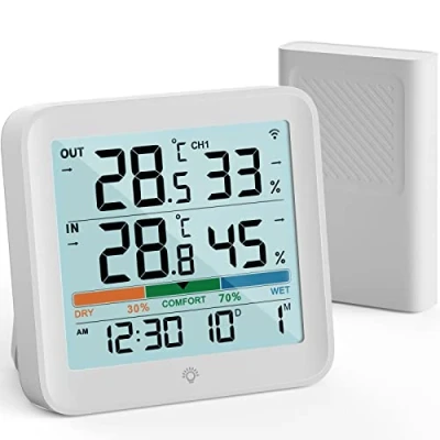Imagen de VOCOO Termómetro Higrómetro Interiores y Exteriors, digital Medidor de Humedad Temperatura estación meteorológica con 1 Sensor Inalámbrico Remoto,Interruptor ℃/℉, luz Fondo