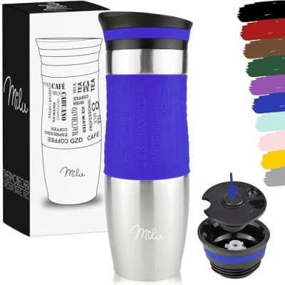 Imagen de Milu Taza aislante de café y té para llevar 370ml 450ml 100% a prueba fugas acero inoxidable beber vaso aislamiento al vacío Caliente frío (Azul, 450ml)