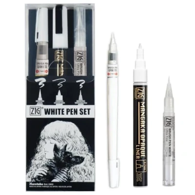Imagen de Kuretake ZIG INKTOBER SPECIAL Juego de 3 bolígrafos ZIG, color blanco, IKTB 24/3V