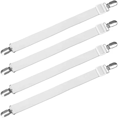 Imagen de TRIXES 4 clips blancos para sábanas Sujetadores estilo tirantes, correas planas y bajeras, colchón Correa elástica ajustable clip de metal Uso un edredón, tabla planchar