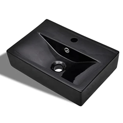 Imagen de vidaXL Lavabo Rectangular con Agujero Desagüe Cerámica Negro Brillo Lavamanos