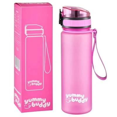 Imagen de ecosa Cantimplora infantil a prueba de fugas, 500 ml, sin bisfenol A, botella para la escuela senderismo y gimnasio, deportiva con inserto fruta, agua ml (Piggy Pink)
