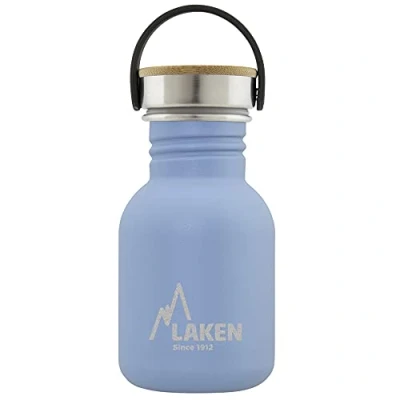 Imagen de LAKEN Botella Agua Acero Inoxidable con Tapón Bamboo y Boca Ancha, (0,35L Azul) Reutilizable, Ideal para Montaña, Camping, Deportes más