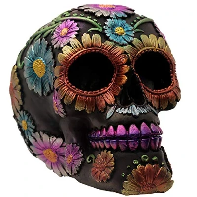 Imagen de Puckator Figura Decorativa de Calavera con Flores metálicas del Día los Muertos, Resina Artificial, Multicolor, 11,5 cm Altura x 10 Ancho 14 Profundidad