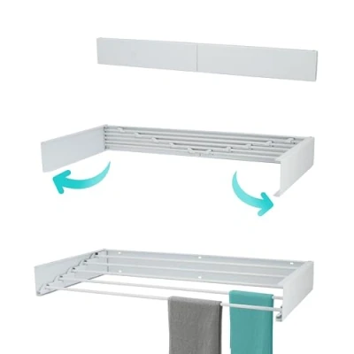 Imagen de KROMS tendedero Extensible Pared Full Color Blanco 80cm 4m de Longitud Secado Incl. Plantilla perforación tendederos Plegables Ropa Balcon