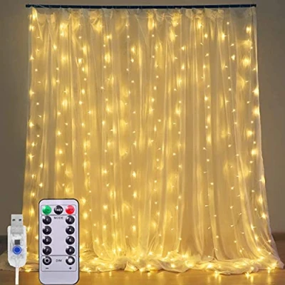 Imagen de XRR Cortina de Luces, 3M*3M 300 LED Luces Cadena Luz USB con Mando a Distancia 8 Modos Luz, Navidad Guirnalda para Decoración Ventana,Bodas,Fiestas(Blanco cálido)