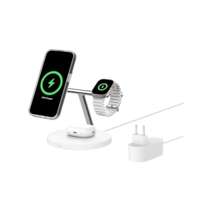 Imagen de Belkin BoostCharge cargador Qi2 3 en 1, estación de carga inalámbrica con MagSafe, base para iPhone 16 Series, Apple Watch, AirPods, soporte antideslizante, fuente alimentación, Blanco