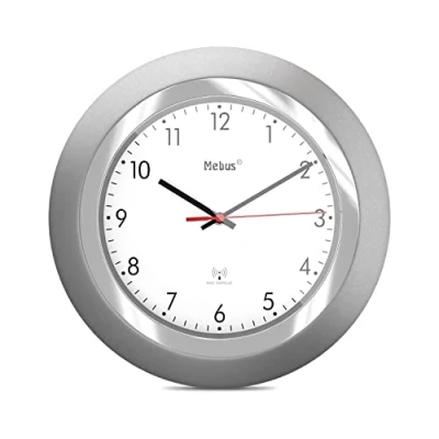 Imagen de Mebus Funk Wanduhr/klassisches Model/silberner Rahmen/weißes Zifferblatt / 24cm Durchmesser/Rund/Funkuhr (DCF77) Modell: 19452 Farbe: Silber, Weiß