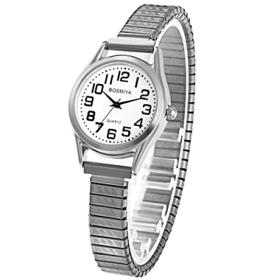 Imagen de JewelryWe Reloj Correa Elástica Mujer: Relojes Plata de Cuarzo Analógico Redondo para Señora Extensible Acero Inoxidable Esfera Numérica Grande Ocio Negocios Regalos