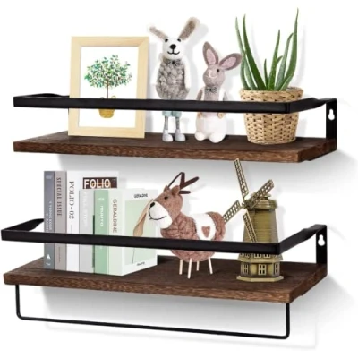 Imagen de Uten Estante Pared, Baldas Pared de Madera 2 Niveles, 42 cm Largo, Capacidad Carga 20 kg, Toallero Extraíble, Adecuado para Dormitorio, Cocina, Baño, Sala Estar