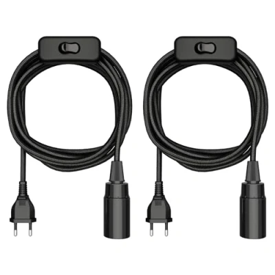 Imagen de ledscom.de 2 piezas cable textil LEHA, enchufe, interruptor, negro, 3 m, portalámparas, 1x E14 máx. 60W