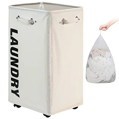 Imagen de DOKEHOM 29 Inches Bolsas Cestos para la colada Con Ruedas, Gran servicio de lavandería, plegable bolsa lavado ropa Bin (Beige, XL)