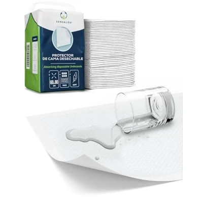 Imagen de Sensalou Protector desechable para cama de incontinencia, 60 x 90 cm, 25 unidades compresas médicas desechables impermeables adultos, niños y bebés
