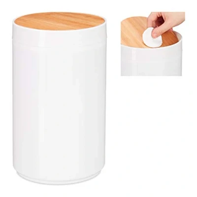 Imagen de Relaxdays basculante, 5,5 L, Color Blanco Cubo de Basura para baño, Tapa oscilante, Moderno, Bambú &amp; Plástico, 5,5L, 26,5 x 18 cm, 1 Ud, 26.5 cm