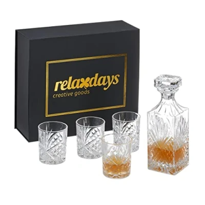Imagen de Relaxdays Set, 5 Piezas, 800 ml, 4 Vasos Whisky 310 Caja de Regalo, Decantador Coñac, Transparente, 12,5 x 36 32 cm