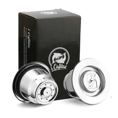 Imagen de i Cafilas Nepresso cápsulas de acero inoxidable, compatibles con Nepresso, recargables, 2 tazas + 1 cuchara plástico cepillo