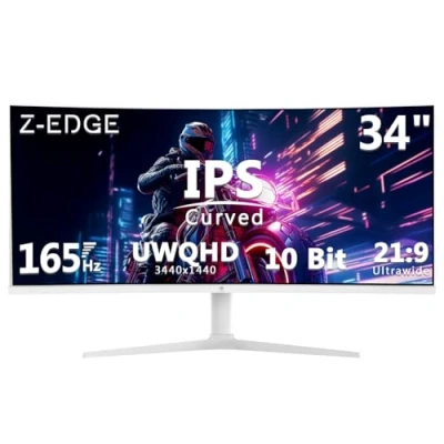 Imagen de Z Edge Monitor Curvo 34 Pulgadas Gaming Blanco PC, 3440x1440, IPS, 165Hz(DP), 1ms, 21:9 Pantalla Ultrawide, Ajustable en Altura/Vertical/Horizontal/Rotativo, 100Hz (HDMI), FreeSync, VESA