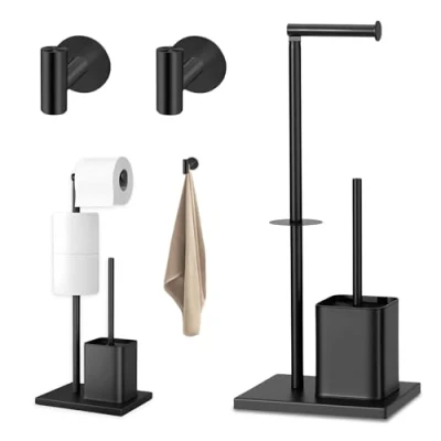 Imagen de Portarrollos Papel Higienico Soporte de Pie con Escobillero + 2 Ganchos Adhesivos para Pared Porta Rollos Acero Inoxidable sin Taladrar Baño (Negro)