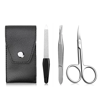 Imagen de 3 pcs Manicura Pedicura Set, Inoxidable Lima, tijeras y pinza de Acero Kit, Set Uñas Grooming Kit con estuche cuero para hombres mujeres