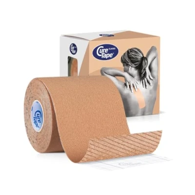 Imagen de CureTape Classic Extra Ancha 7.5cm Sin Cortar Cinta Kinesiológica Hipoalergénica y Resistente al Agua Alivio del Dolor, Soporte Muscular Articular Excelente Adhesión Beige