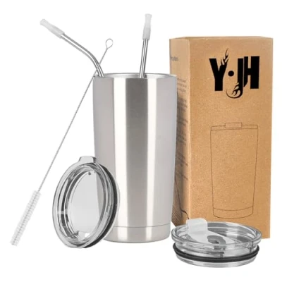 Imagen de Y·JH 20oz (550ml) Taza Termo Cafe Para Llevar Vaso Con Pajita Térmica de Acero Inoxidable Reusable 2 Tapas a Prueba Salpicaduras Pajitas Plata