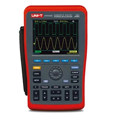 Imagen de UNI T UTD1202C Osciloscopio de memoria digital mano con 2 canales, 200 MHz, 1 Gsa/s, en 1: multímetro y osciloscopio, medición resistencia corriente, contador 5 pantallas, pantalla LCD
