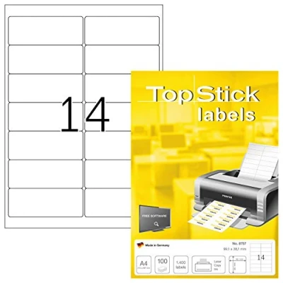 Imagen de TopStick 8757 etiquetas autoadhesivas para direcciones A4 (99,1 x 38,1 mm, papel) 100 hojas, 14 por hoja, 1400 etiquetas, impresoras inkjet y láser