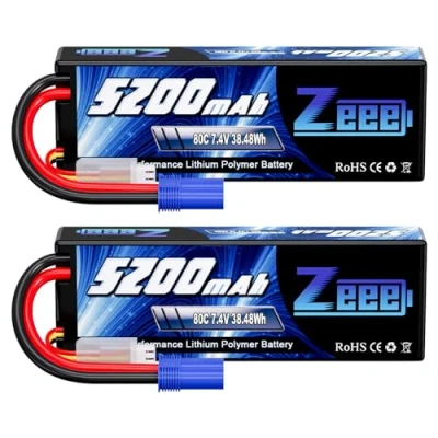 Imagen de Zeee 2S Lipo Batería 5200mAh 7.4V 80C Estuche rígido con Enchufe EC5 para 1/8 1/10 Vehículos RC Coche Buggy Truggy Avión UAV Drone FPV (2 Unidades)