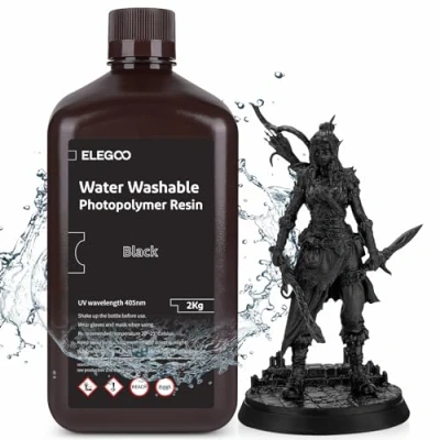 Imagen de ELEGOO Lavable con Agua Impresora 3D Resina,Resina de Fotopolímero Estándar Curado UV 405 nm para LCD Negro 2000g
