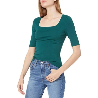 Imagen de Amazon Essentials Camiseta Entallada con Media Manga y Cuello Cuadrado Mujer, Verde Oscuro, M