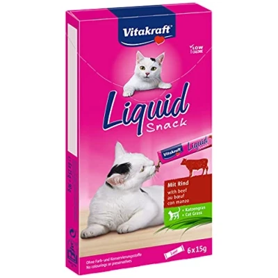 Imagen de Vitakraft 23521 Merienda líquida con carne de res y hierba gato, 1 paquete 6 bolsas 15 gr, total 90 gr