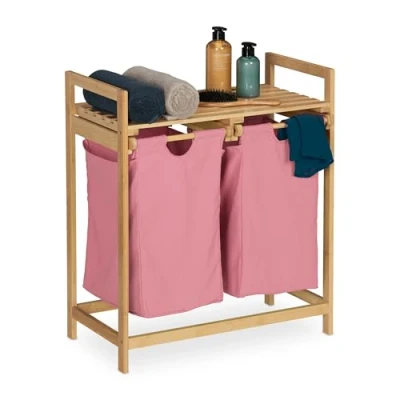 Imagen de Relaxdays Organizador Ropa Sucia, Separador Colada, Repisa Bambú con 2 Sacos Extraíbles, 73 x 64 33 cm, Natural y Rosa