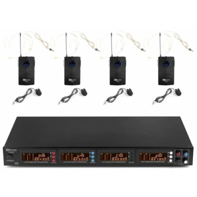 Imagen de Power Dynamics PD504B UHF Set de micrófonos inalámbricos. El Pack Incluye: un Receptor, 4 petacas emisoras, bodypacks, Diadema Color Beige y Solapa