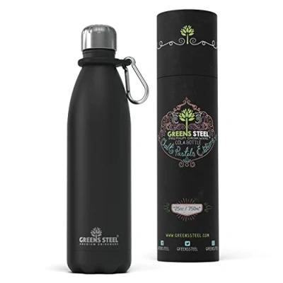 Imagen de Greens Steel Botella de Agua en Acero Inoxidable 750 ml, Negra I Aislado al Vacío Doble Pared Mosquetón y Caja Regalo Incluidos Reutilizable, a Prueba Fugas para Adultos Niños