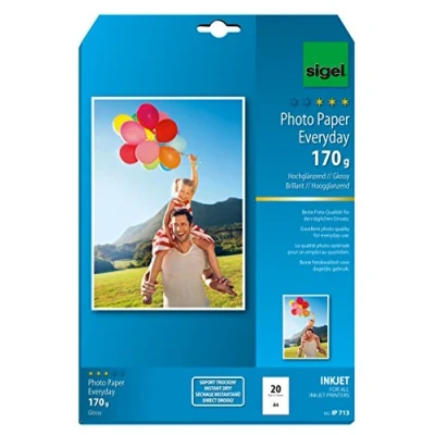 Imagen de SIGEL IP713 Papel fotográfico Everyday para impresoras InkJet, tamaño A4 (21 x 29,7 cm), alto brillo, 170 g, 20 hojas