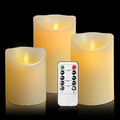 Imagen de OSHINE Velas sin Llama, Juego de 3 Pilares Cera Real Goteo con LED Baile Realistas y Control Remoto 10 Teclas Función Temporizador, Marfil