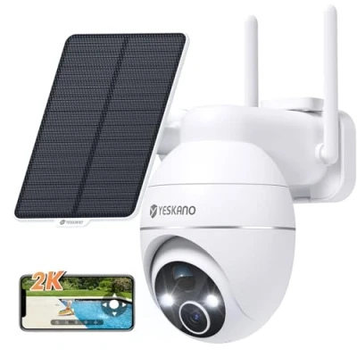 Imagen de YESKANO Camara Vigilancia WiFi Exterior Solar, 2K Cámaras de sin Cables, 360 PTZ,visión Nocturna Color,2.4 GHz Wi Fi, Detección IA, PIR Sirena,IP66