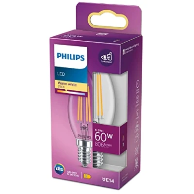 Imagen de Philips Bombilla LED Cristal, 60W, E14, Vela Filamento, Luz Blanca Cálida, No Regulable