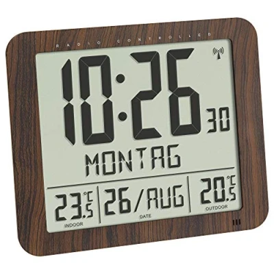 Imagen de TFA Dostmann Reloj de Pared radiocontrolado imitación Madera, 60.4518.08, con emisor Exterior, Temperatura Interior y fácil Leer, Fecha día la Semana, Color marrón