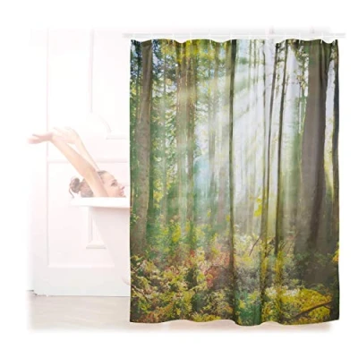 Imagen de Relaxdays 10022618 Cortina Baño Lavable Con Estampado De Bosque, Verde, 180 X Cm