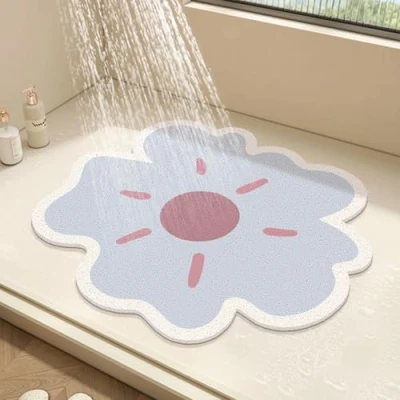 Imagen de Alfombrilla de ducha redonda con diseño flores para interior, alfombra baño lufa PVC, antideslizante, antimoho, drenaje, secado rápido (azul, 50 x cm)