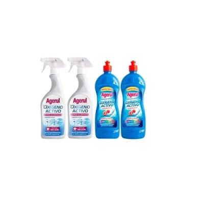 Imagen de Agerul Limpiador Oxigeno activo con pulverizador 2+2 sin (4 unidades) Azulejos, juntas, acero inoxidable, plásticos, encimeras, sanitarios, grifería, fregaderos aclarar.