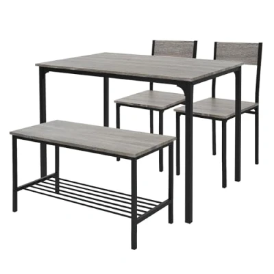 Imagen de ML Design Juego de Mesa Comedor 4 Piezas Roble Gris Grupo Muebles para Personas con 2 Sillas Bar, 1 Banco y Estructura Metal Adecuado Cocina